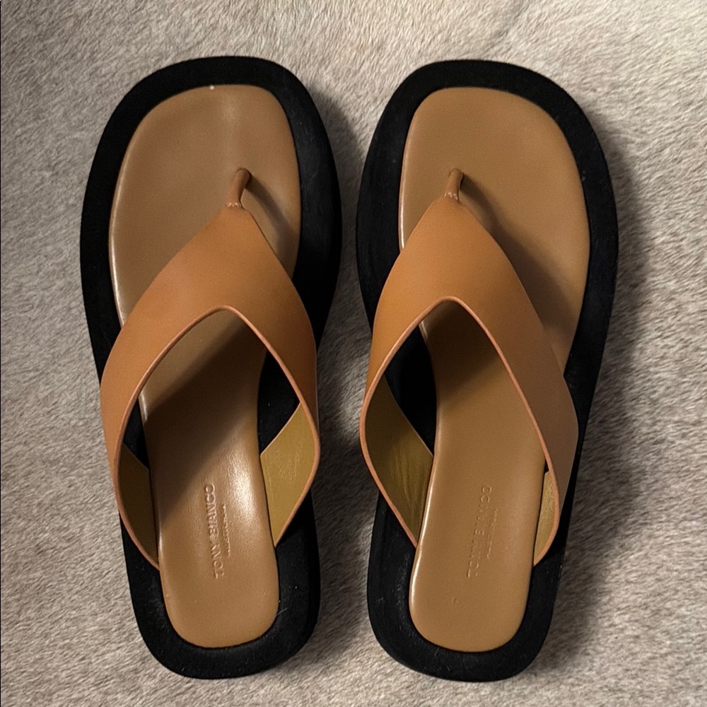 Tan Leather Platform Flip Flop Sandals - Women